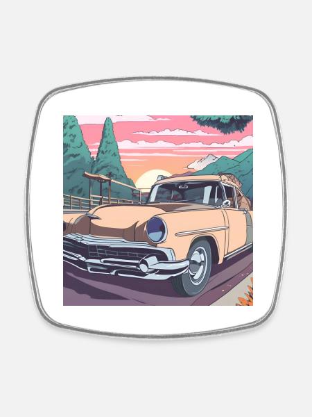 Road trip en voiture classique - Magnet carré - blanc