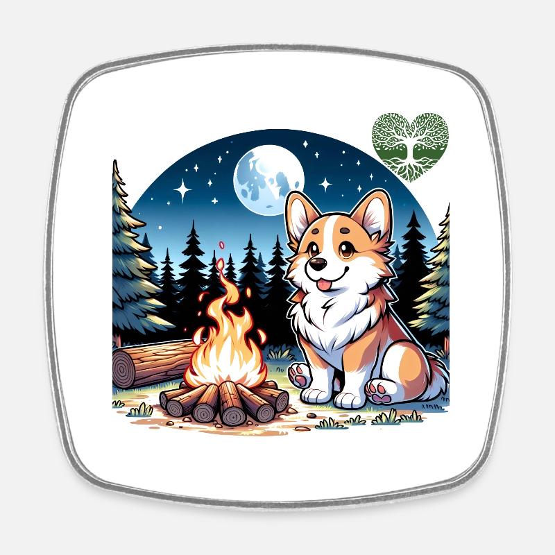 Corgi at the campfire at night - Square fridge magnet - white