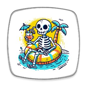 Skelett mit Schwimmreifen – Lustiges Sommerdesign - Viereckiger Kühlschrankmagnet - Weiß - Vorne