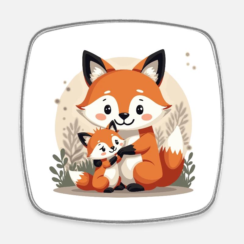 Papa Fox with Baby Fox - Square fridge magnet - white