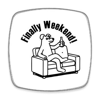 Chien sur un canapé - « Enfin le week-end ! » Concevoir - Magnet carré - blanc - Devant