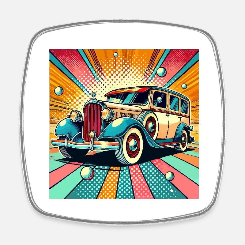 Retro car in pop art style - Square fridge magnet - white