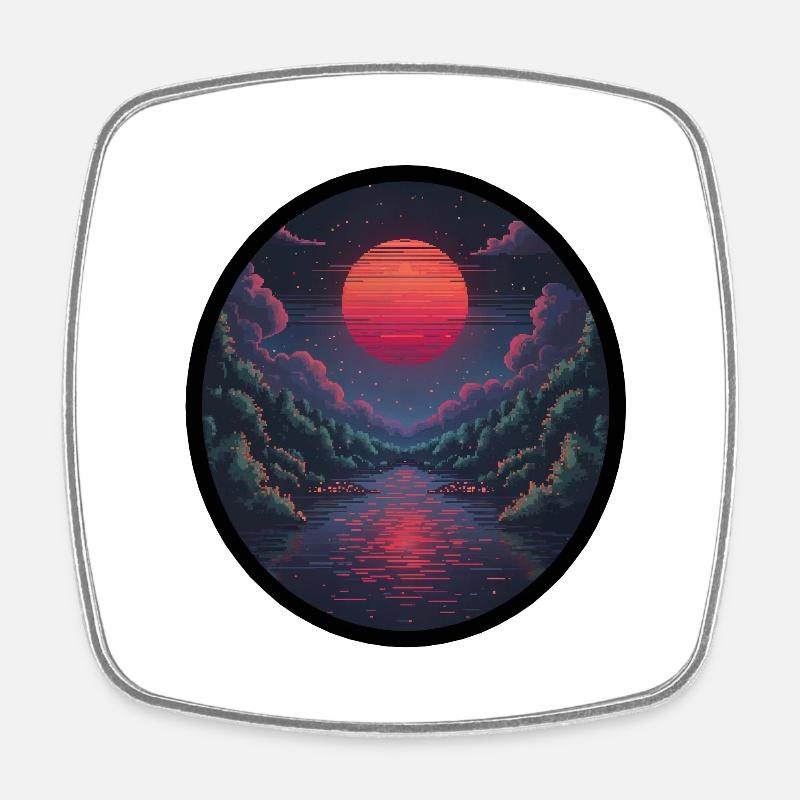 Pixel sunset over the water - Square fridge magnet - white
