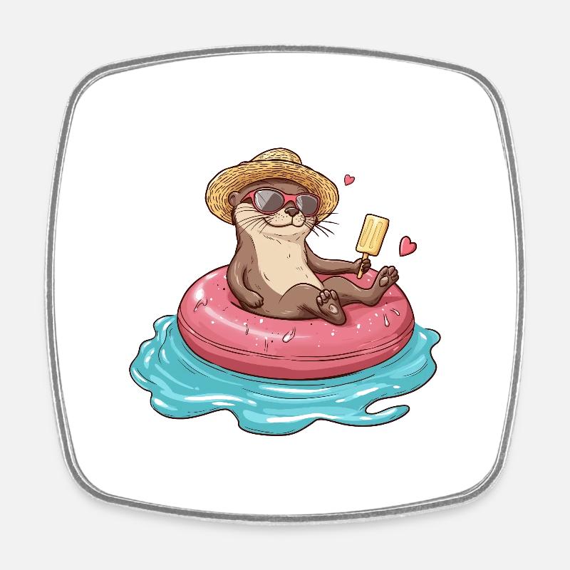Otter on donut in the pool - Square fridge magnet - white
