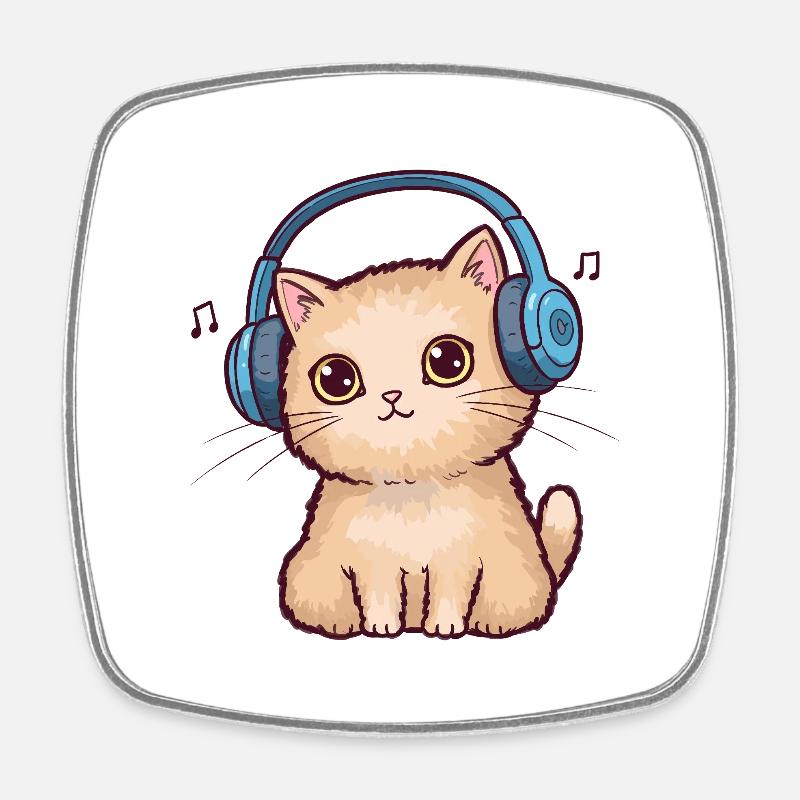 Chat mignon avec des écouteurs Doodle - Magnet carré - blanc