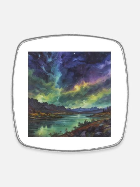 Northern Lights over the Tranquil Lake - Square fridge magnet - white