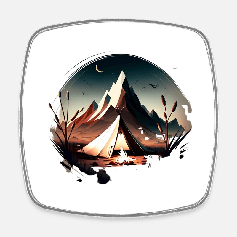 Tent in the mountains with campfire - Square fridge magnet - white