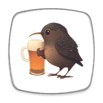 Cute bird drinks a big glass of beer - Square fridge magnet - white - Front