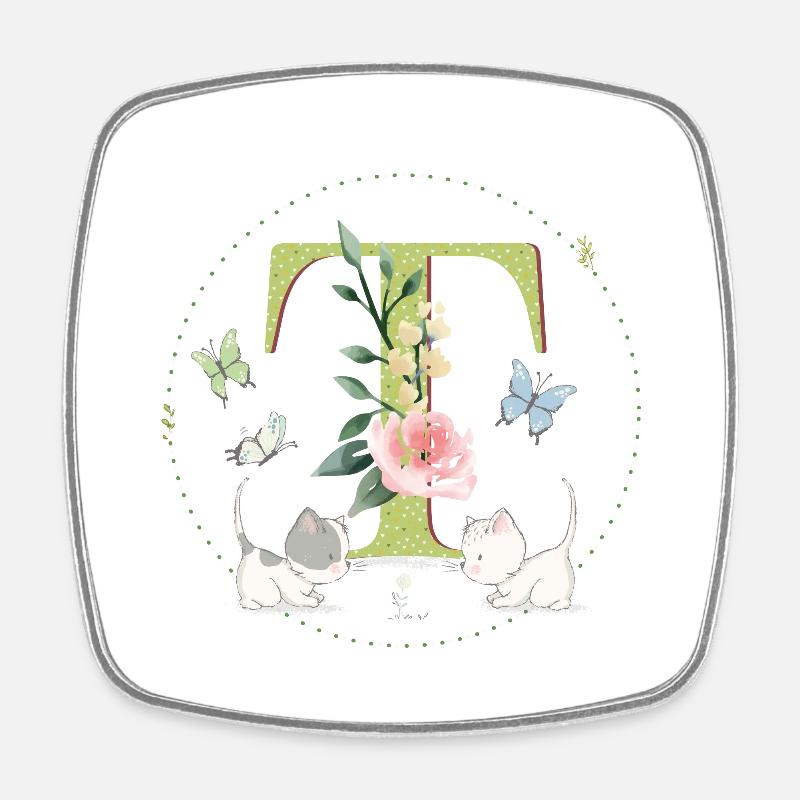 Lettre initiale T avec chat - Magnet carré - blanc