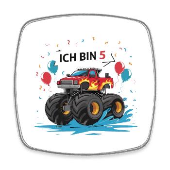 Monster Truck - Ich bin 5 - Einzigartiges Geschenk - Viereckiger Kühlschrankmagnet - Weiß - Vorne