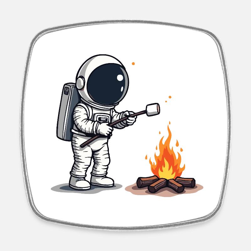 Astronaut roasting marshmallow at campfire - Square fridge magnet - white