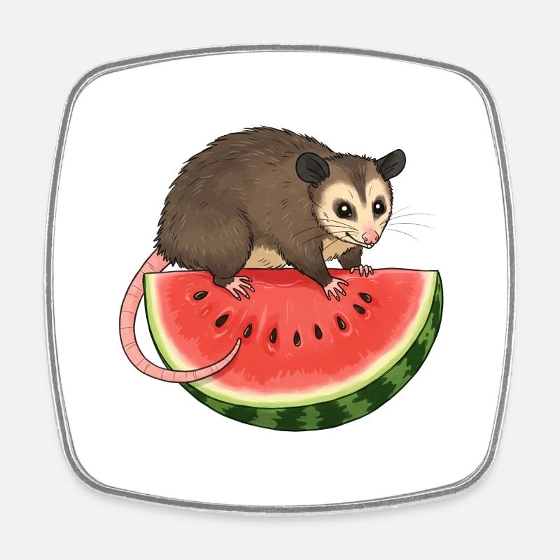 Opossum with Watermelon - Square fridge magnet - white