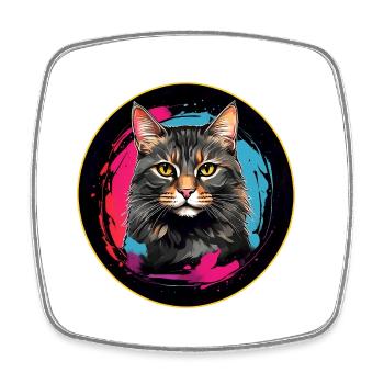 Portrait de chat mignon en technique d'aquarelle dans un cercle - Magnet carré - blanc - Devant