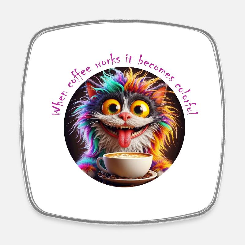 Chat Café coloré - Magnet carré - blanc