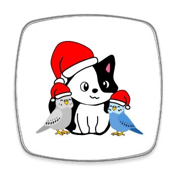 Christmas - Festive Animal Friends - cat & Budgies - Square fridge magnet - white - Front