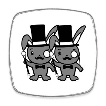2 lapins Mr. Gentleman chapeau haut de forme Monocle Lunettes - Magnet carré - blanc - Devant