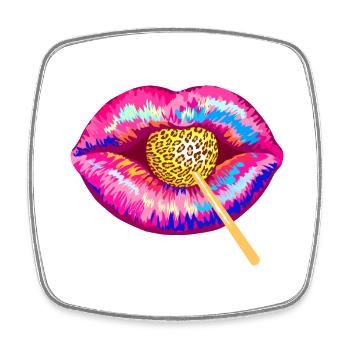 Pop Art Lips Kiss Leopard - Fur - Lollipop - Square fridge magnet - white - Front