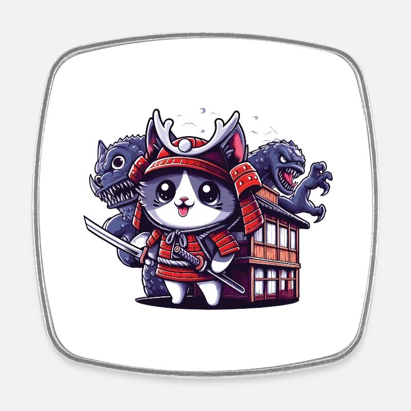 Samurai ninja cat behind Monster and Dojo - Square fridge magnet - white
