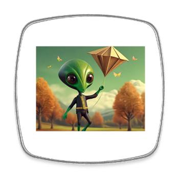 niedlich klein grün retro vintage alien fliegen einen drachen fliegen - Viereckiger Kühlschrankmagnet - Weiß - Vorne