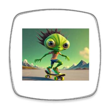 niedliches kleines grünes Retro Alien Skateboarden - Viereckiger Kühlschrankmagnet - Weiß - Vorne