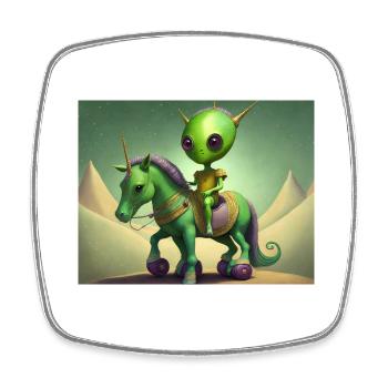 mignon petit extraterrestre vintage vert chevauchant un cheval - Magnet carré - blanc - Devant