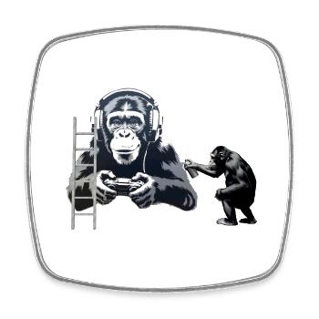 GRAFFITI BANKSY STYLE - CHIMP PLAYING COMPUTER GAM - Square fridge magnet - white - Front
