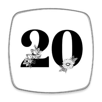 Numéro 20 floral noir -20e anniversaire floral - Magnet carré - blanc - Devant