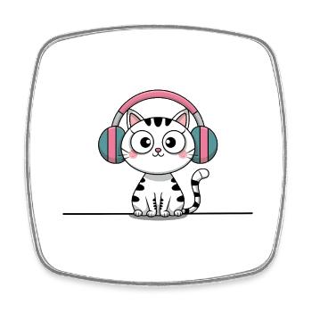 Cute Cat with Doodle Headphones - Square fridge magnet - white - Front