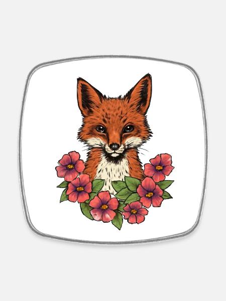 Fox in flowers - Square fridge magnet - white