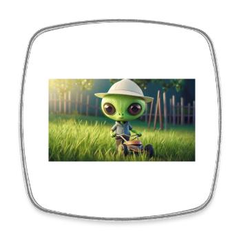 niedliches kleines grünes Retro Alien Rasen mähen - Viereckiger Kühlschrankmagnet - Weiß - Vorne