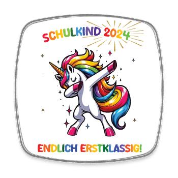 Einschulung 2024 Dabbing Einhorn Schulkind Outfit - Viereckiger Kühlschrankmagnet - Weiß - Vorne