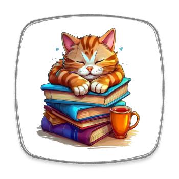Süßer Kater, der auf einem Stapel Bücher schläft - Viereckiger Kühlschrankmagnet - Weiß - Vorne