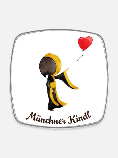 Münchner Kindl mit Herz-Luftballon und Text dunkel - Viereckiger Kühlschrankmagnet - Weiß