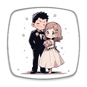 Bride and Groom Wedding Watercolor Anime Chibi - Square fridge magnet - white - Front