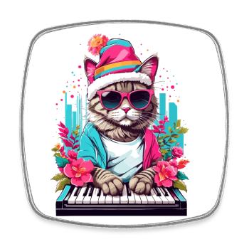 Cute Cat with Piano - Square fridge magnet - white - Front