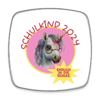 Schulkind 2024 endlich Schule Einhorn mit Brille - Viereckiger Kühlschrankmagnet - Weiß - Vorne