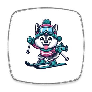 Husky on skis - Funny comic winter sports - Square fridge magnet - white - Front
