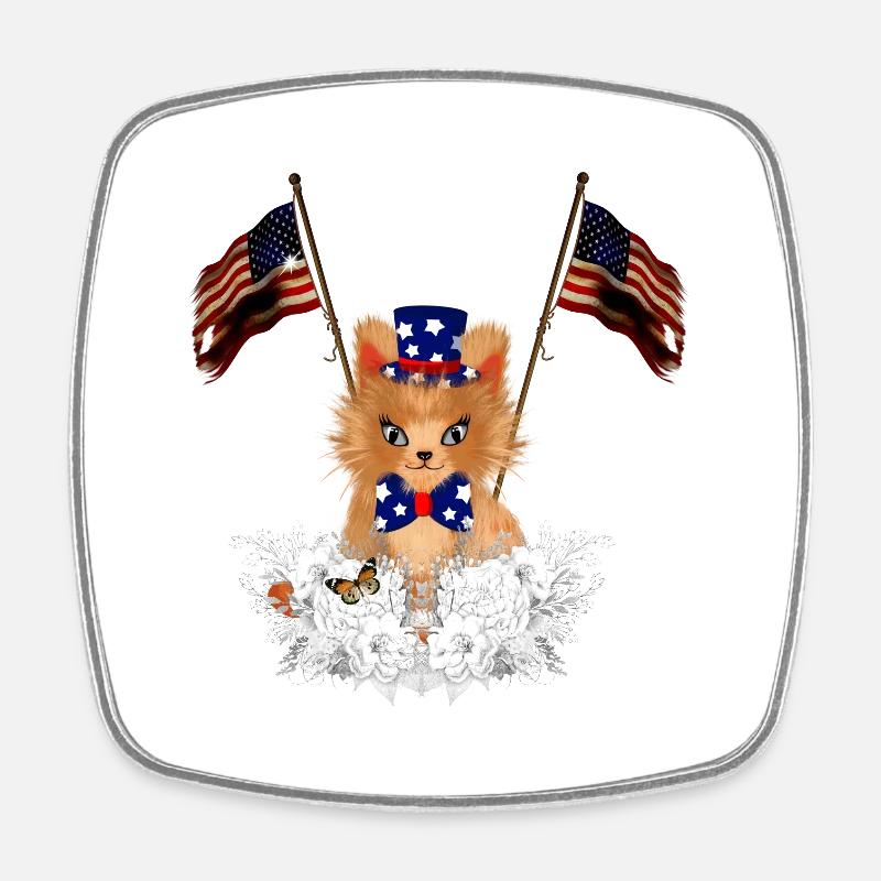 Cute kitten with flag and American flag - Square fridge magnet - white