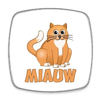 Le chat assis au-dessus du mot miaulement - Magnet carré - blanc - Devant