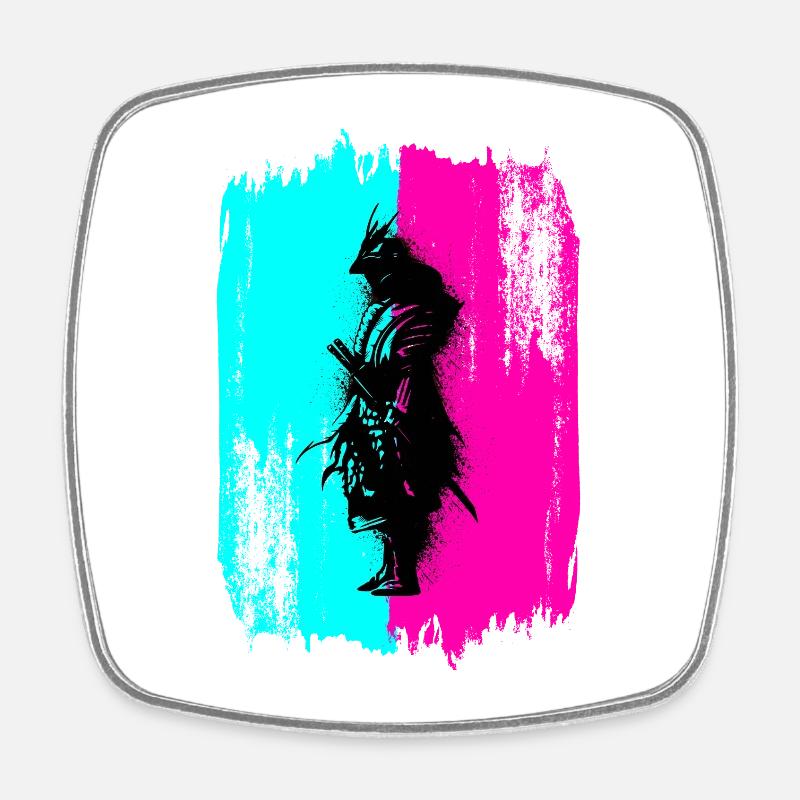 Black Samurai In A Turquoise And Pink Frame - Square fridge magnet - white
