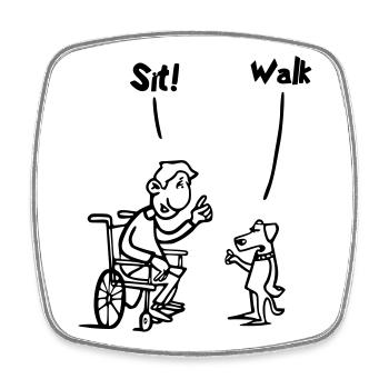 Setzen Sie sich hin und gehen Sie. Rollstuhlfahrer vs. Hund. Humor # - Viereckiger Kühlschrankmagnet - Weiß - Vorne