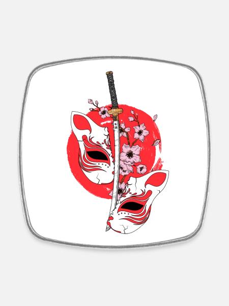 Kitsune Masque Épée Japonaise Katana Japonais - Magnet carré - blanc