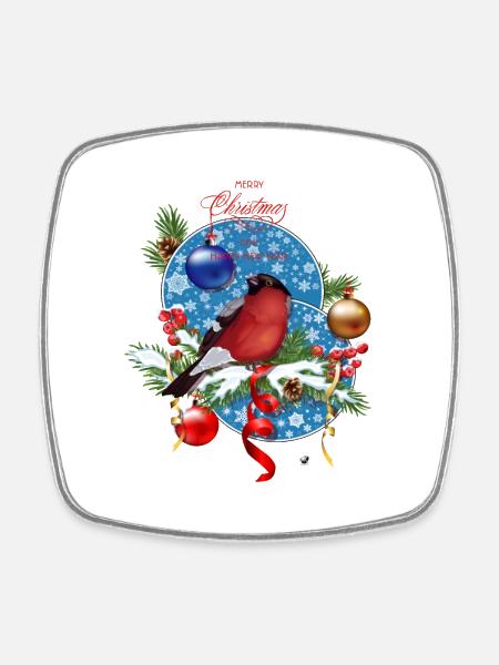 Bullfinches on fir branches and tambourines with snow - Square fridge magnet - white