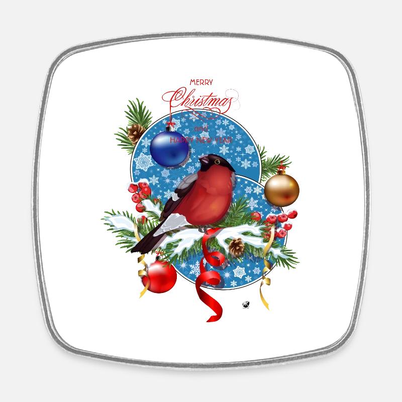 Bullfinches on fir branches and tambourines with snow - Square fridge magnet - white