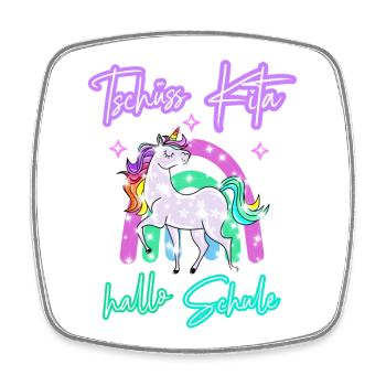 Tschüss Kita! hallo Schule Regenbogen Einhorn - Viereckiger Kühlschrankmagnet - Weiß - Vorne