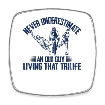 Never underestimate an old man triathlon - Square fridge magnet - white - Front