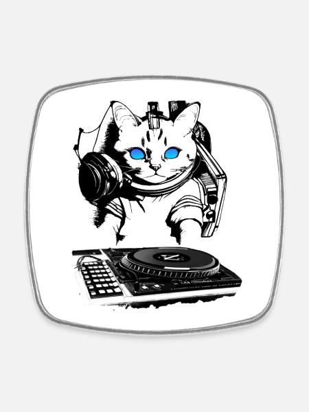 Cat DJ avec table de mixage - Magnet carré - blanc