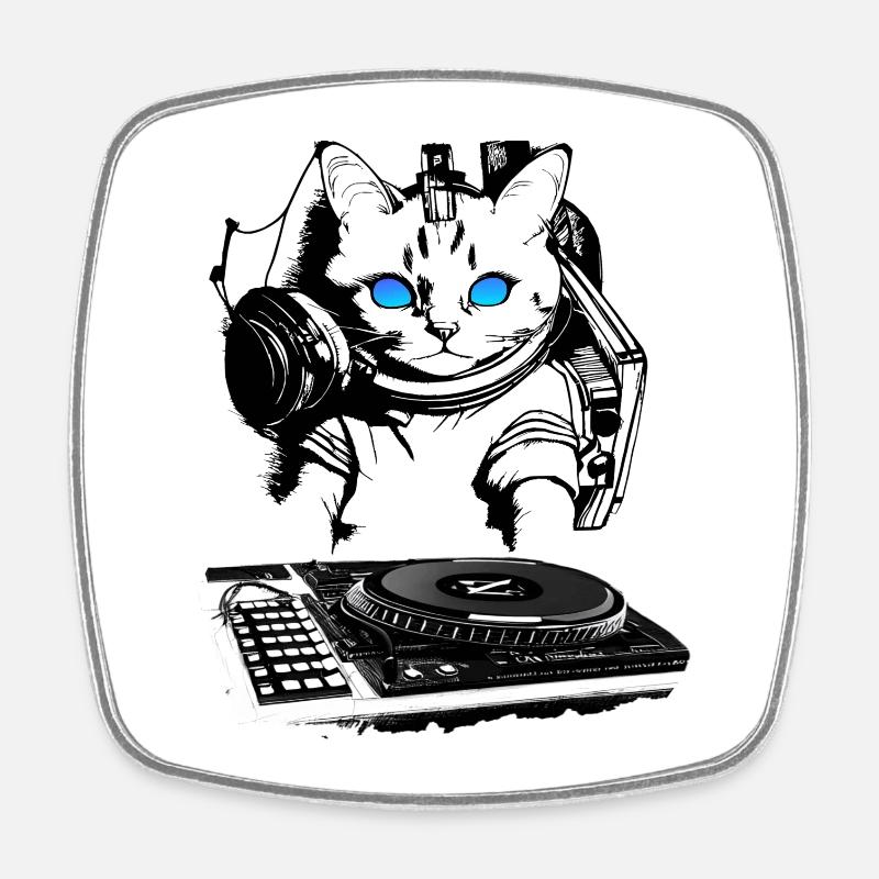 Katzen DJ mit Mischpult - Viereckiger Kühlschrankmagnet - Weiß