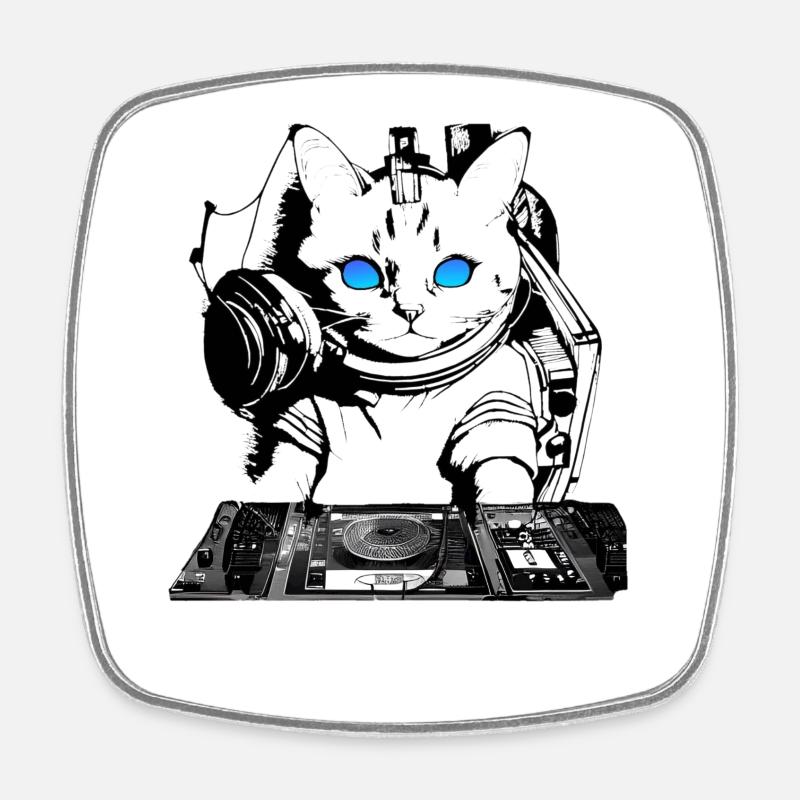 DJ Katze mit Mischpult - Viereckiger Kühlschrankmagnet - Weiß