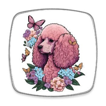 Rosa Pudel mit Blumen, Schmetterlingen, Retro Stil - Viereckiger Kühlschrankmagnet - Weiß - Vorne